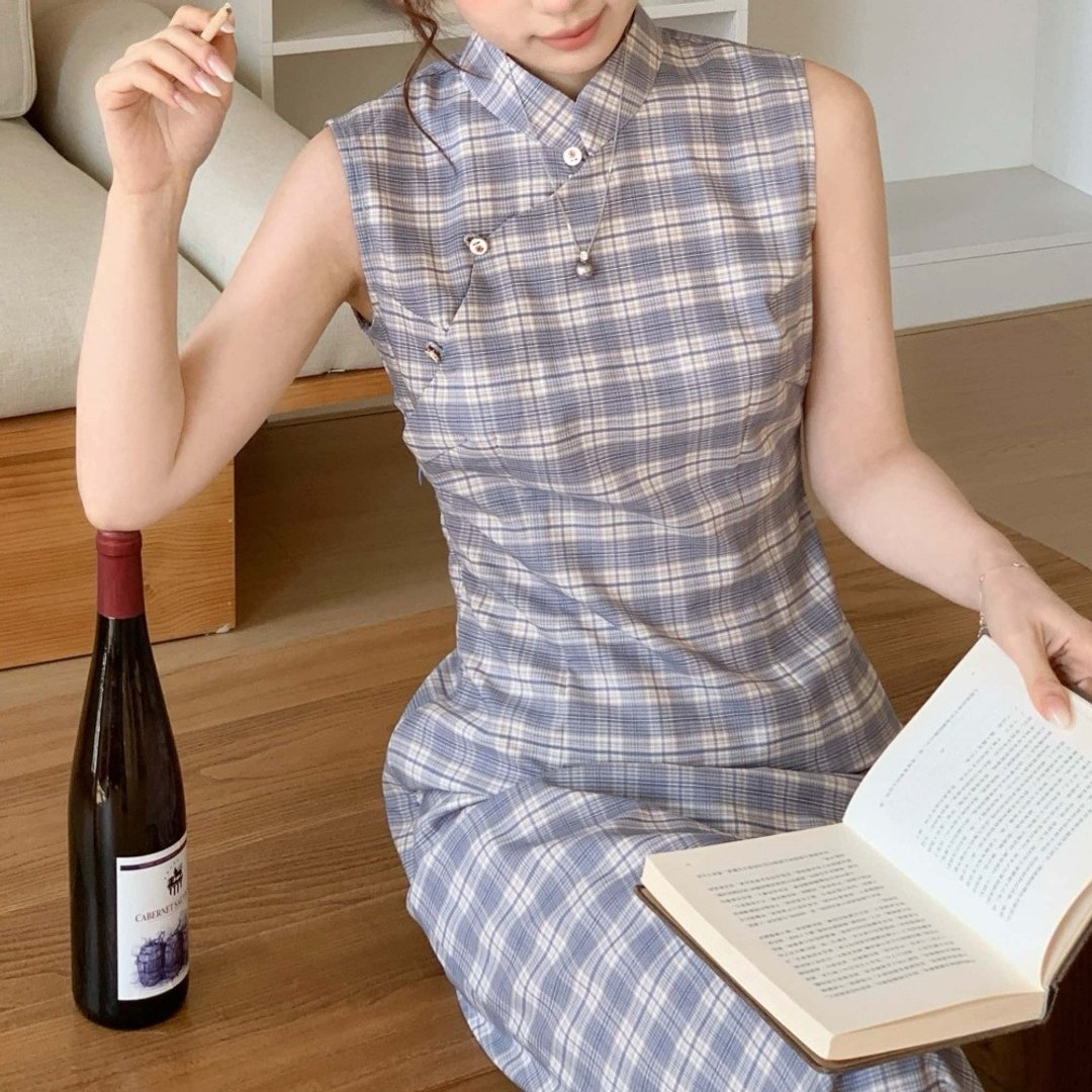 藍色格紋 春夏無袖日常改良旗袍 復古新中式國風連身裙 - 旗袍 - 其他人造纤维 蓝色