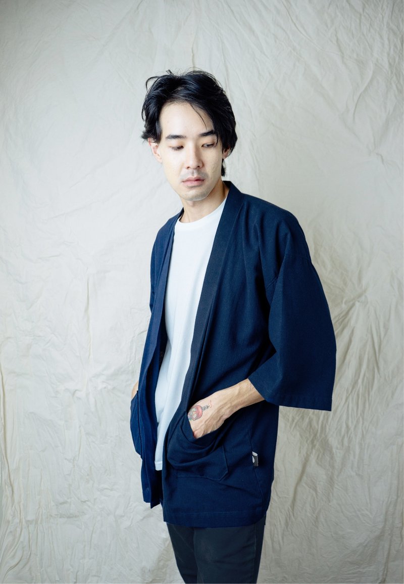 Navy Blue Kimono Jacket - 男装外套 - 棉．麻 蓝色
