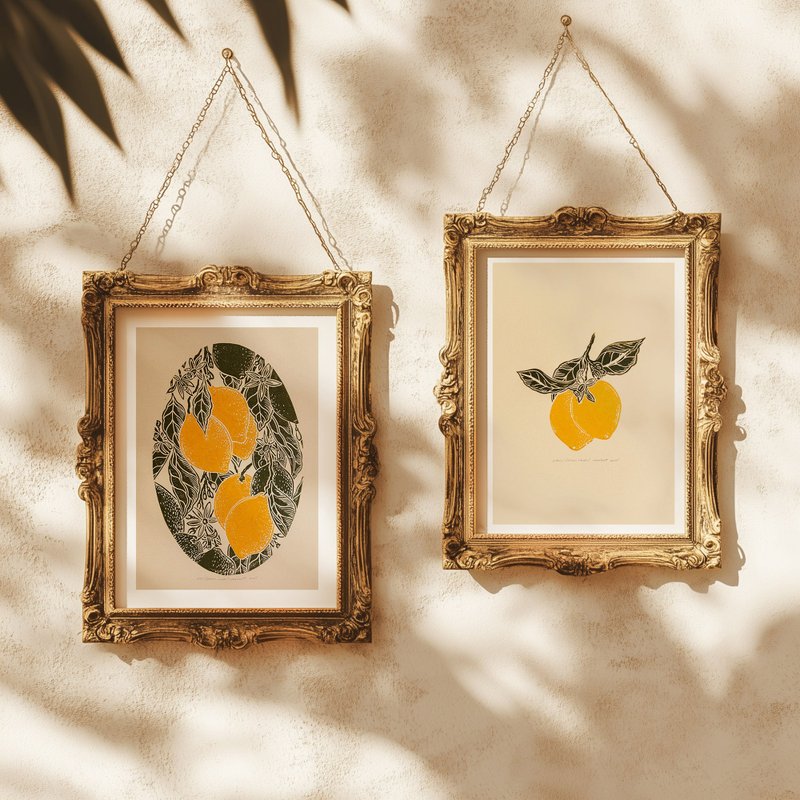 复古柠檬水果亚麻油毡版画画廊墙面 2 件套厨房艺术装饰 - 墙贴/壁贴 - 纸 绿色