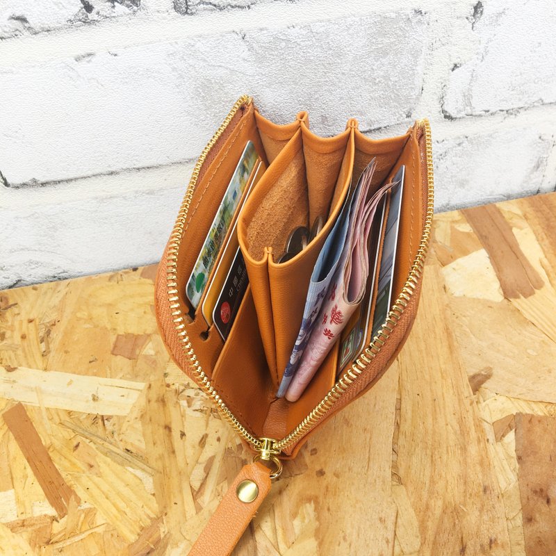 ‘玩皮女孩’奶油橘＿L型拉链短夹 - 皮夹/钱包 - 真皮 橘色
