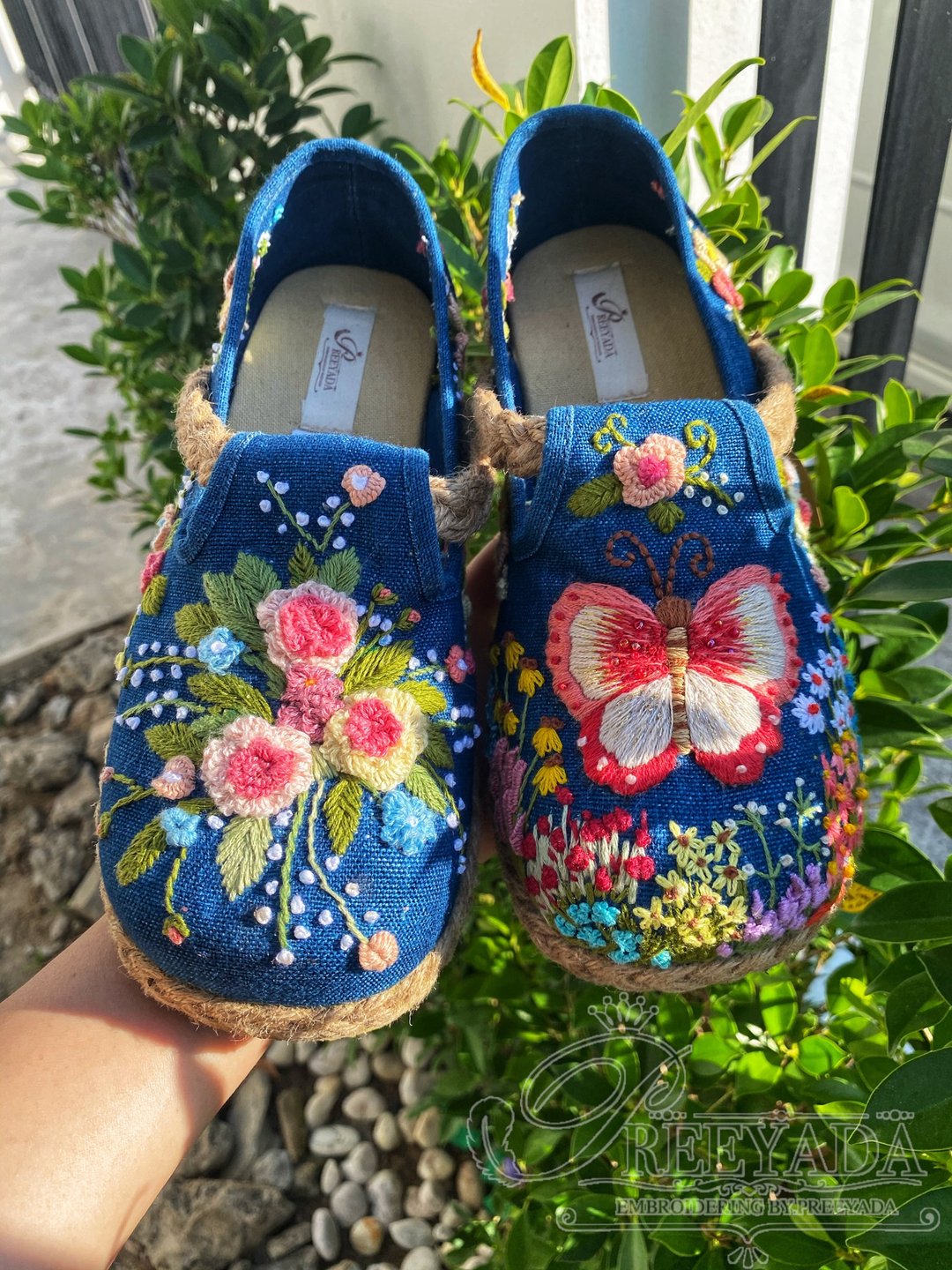 Handmade shoes, woven fabric, Indigo, decorated with Embroidery thread, all hands on both sides - 男女凉鞋 - 绣线 
