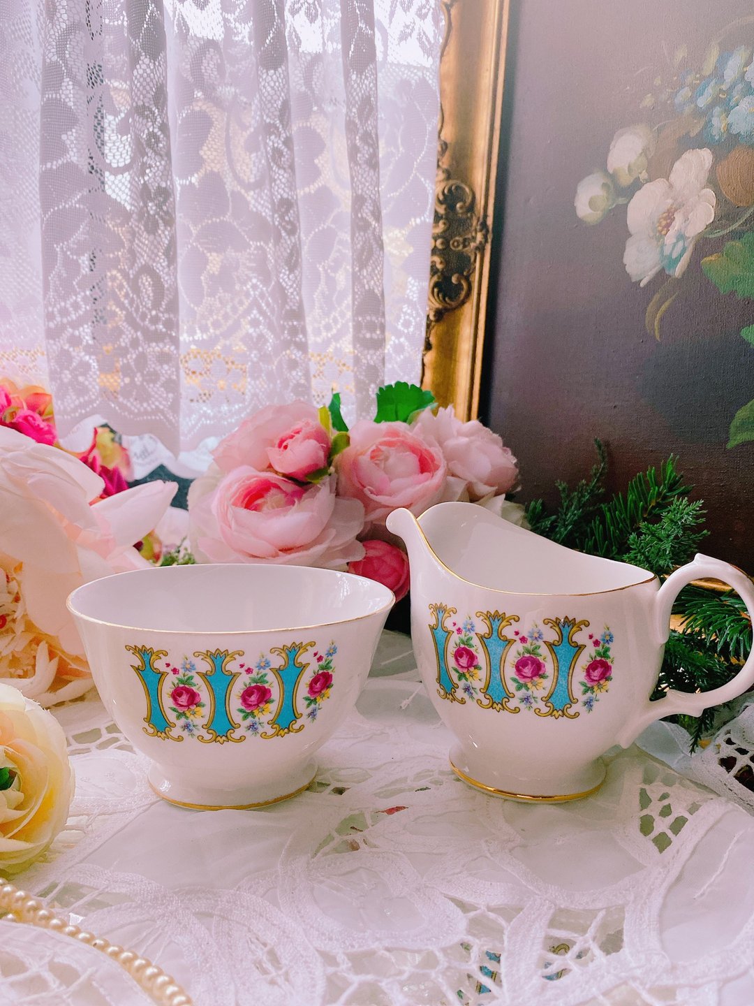 1950年英国骨瓷粉红玫瑰花束奶壶糖碗库存品 - 茶具/茶杯 - 瓷 蓝色