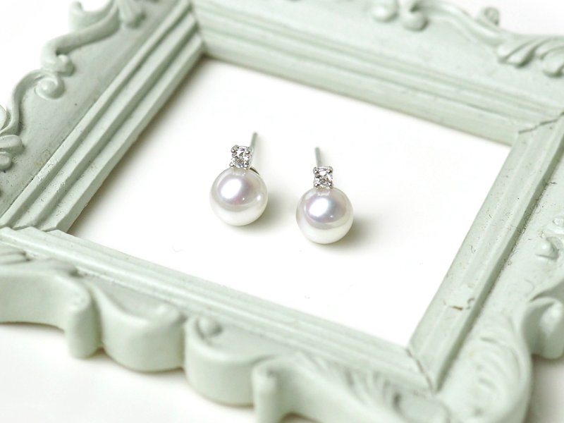 18K小贵妇款||纯珍灵动||  单颗珍珠搭配单颗3分真钻 耳针耳环 - 耳环/耳夹 - 贵金属 白色