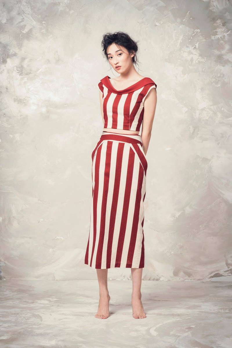 条纹窄裙(红) - 裙子 - 棉．麻 红色