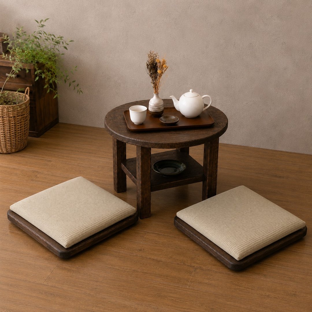 日本杉木圆形茶几双人组 含日式坐垫 北欧实木茶几 - 餐桌/书桌 - 木头 咖啡色