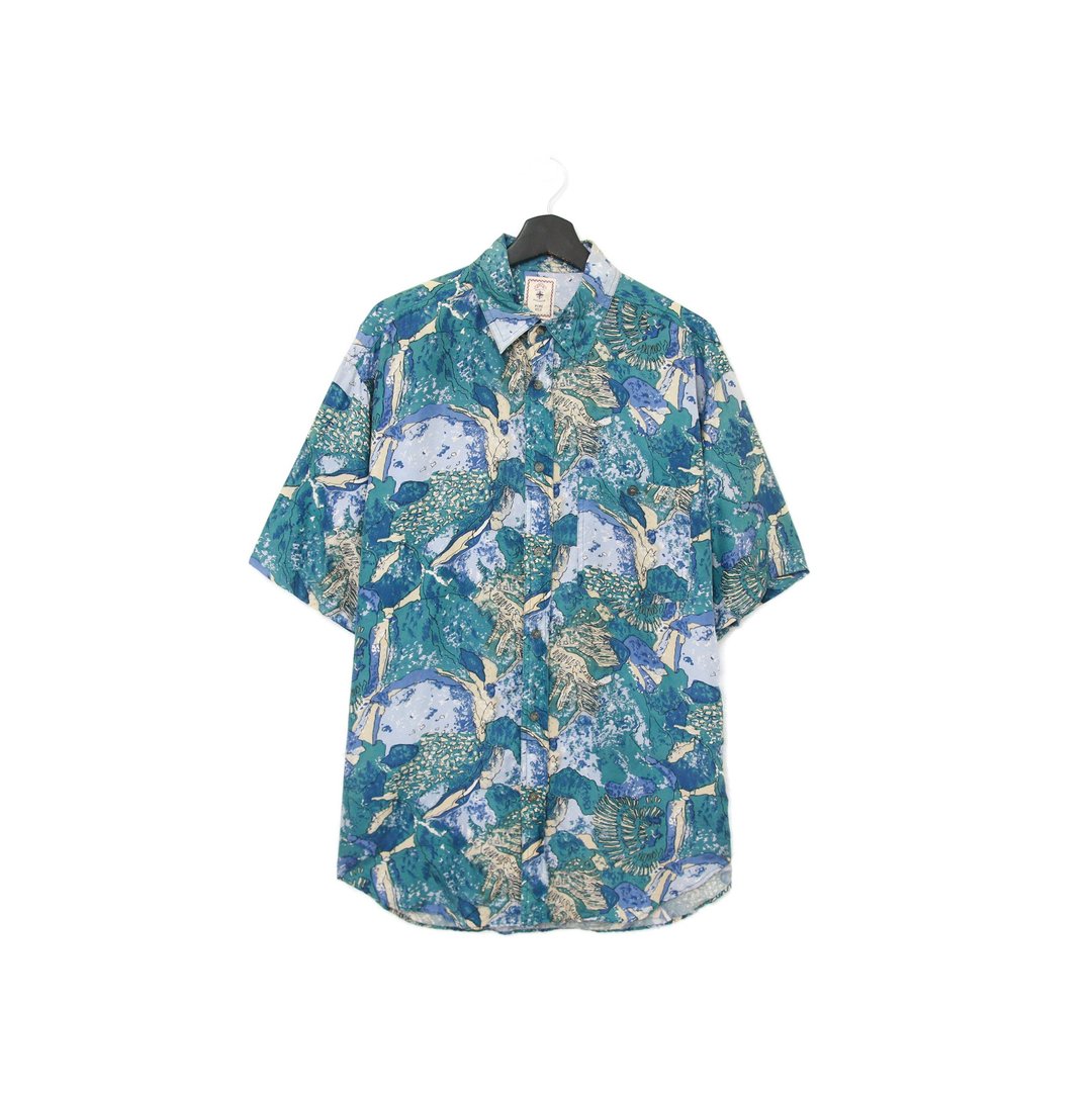 Back to Green- 短袖花衬衫 蓝绿色 民族花纹ss-34 vintage shirt - 男装衬衫 - 丝．绢 