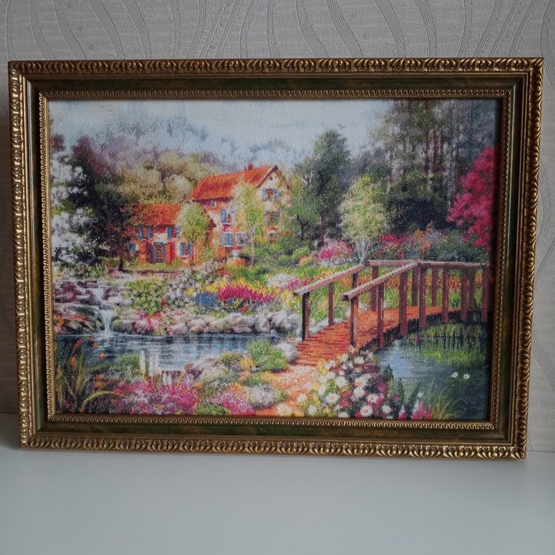 手工制作的花园乡村风景，手工十字绣艺术品，礼物，家居装饰 - 墙贴/壁贴 - 棉．麻 绿色