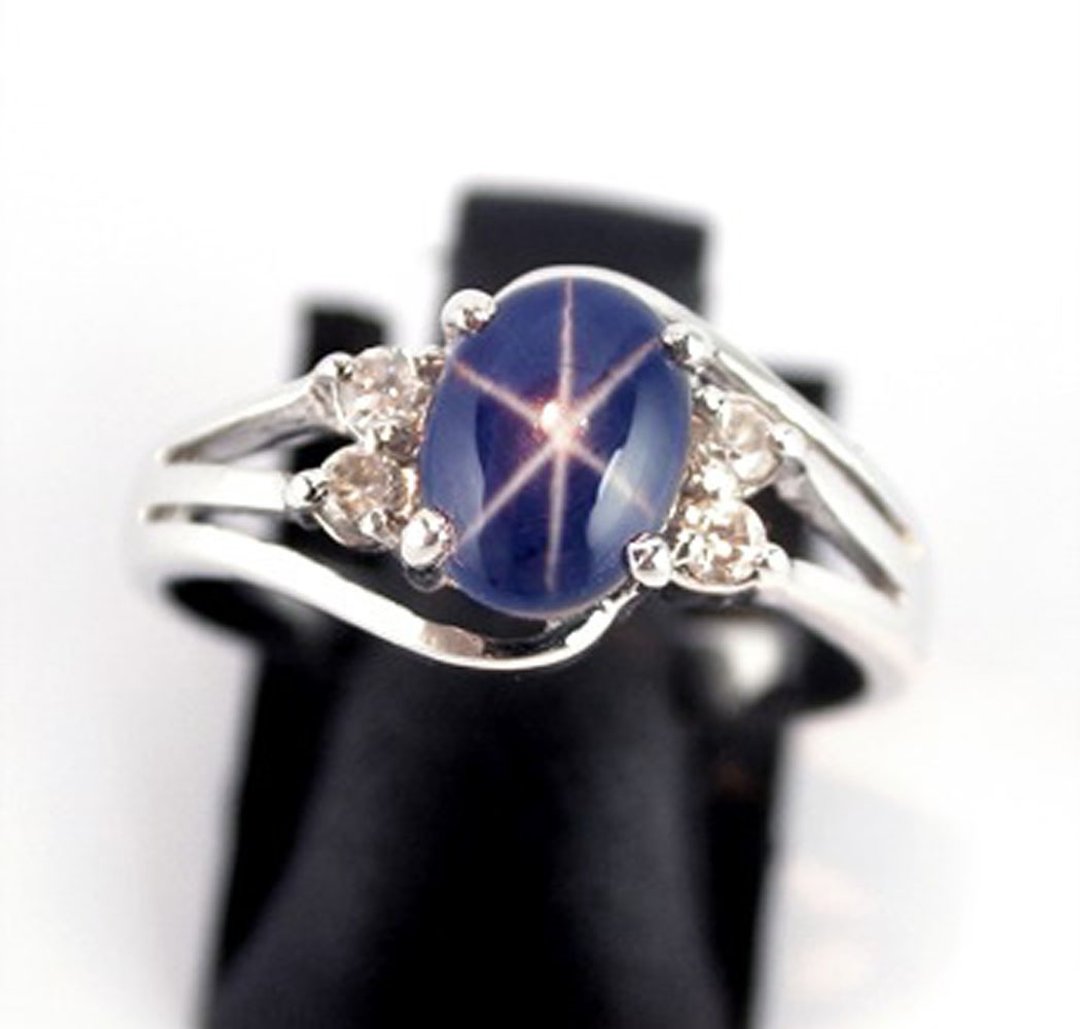 3.28 ct Natural star blue sapphier ring silver sterling size 7.0 free resize - 戒指 - 纯银 白色