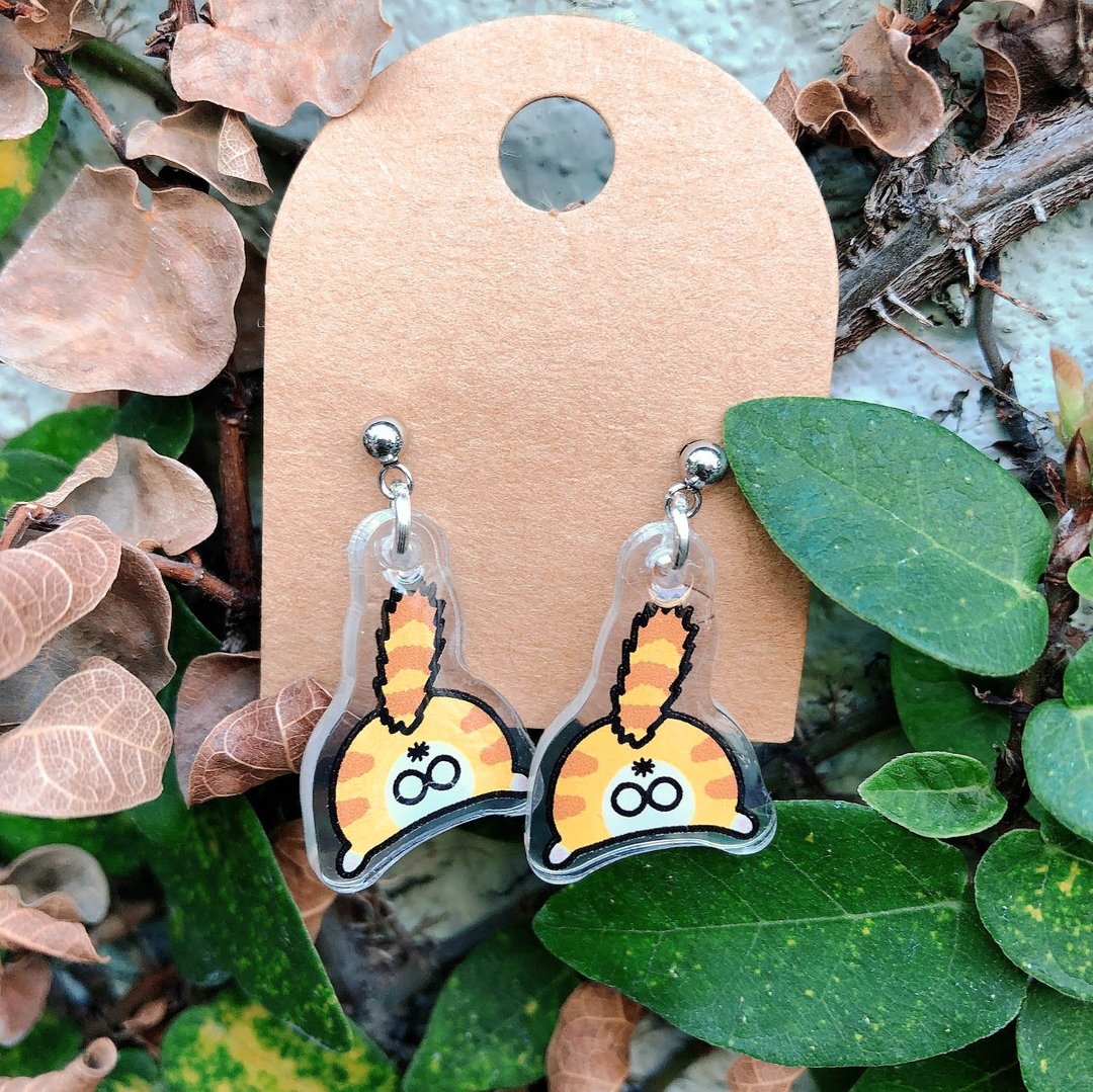 橘子猫屁屁の抗敏耳针 / 耳环耳夹 (炸毛款) Cats Earring Meow! - 耳环/耳夹 - 防水材质 黄色