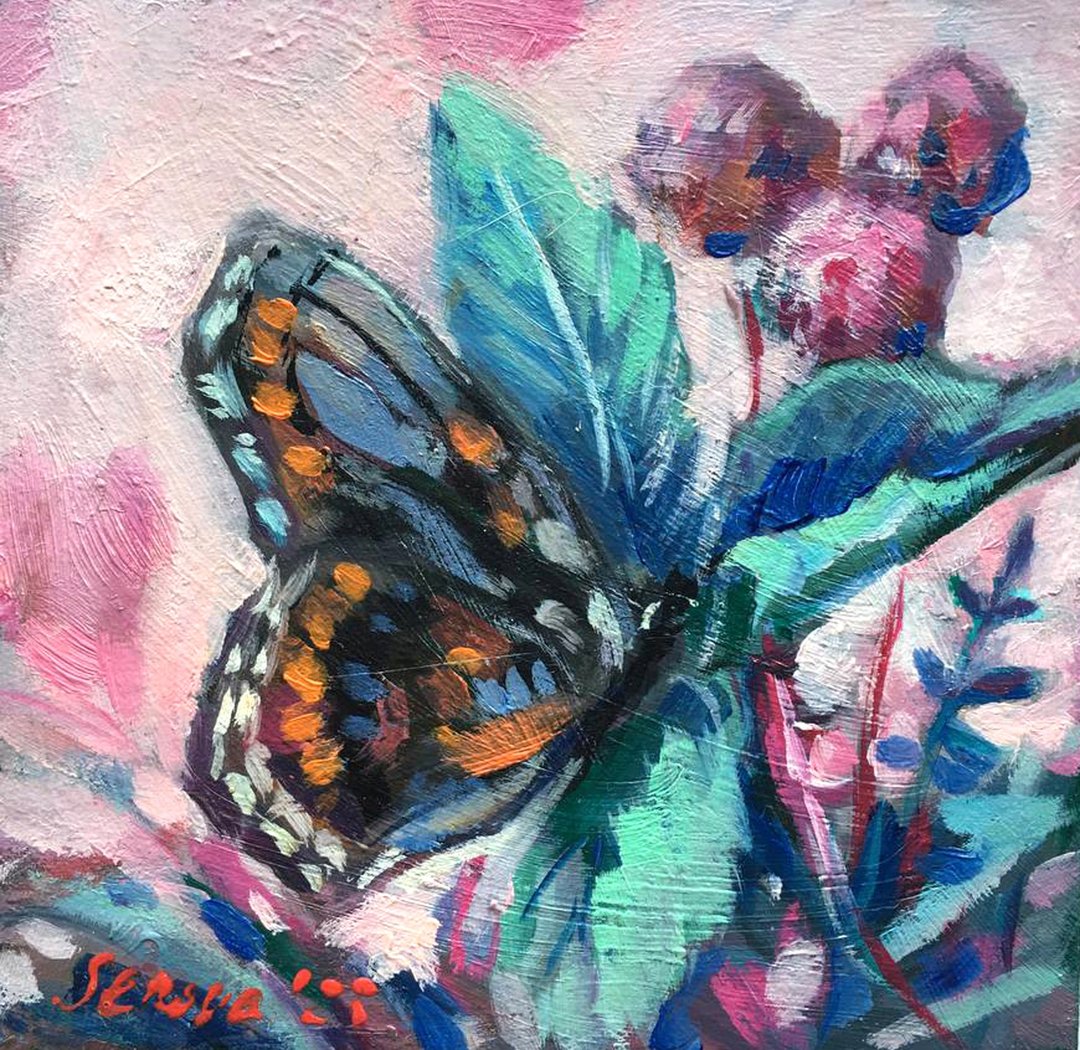 Butterfly painting Small Frame Art Miniature Oil - 摆饰 - 其他材质 紫色