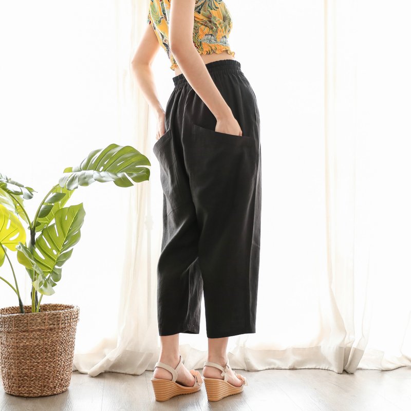 Natural Linen Harem Pants with decorative back packets Linen Harem Pants - black - 女装长裤 - 亚麻 黑色