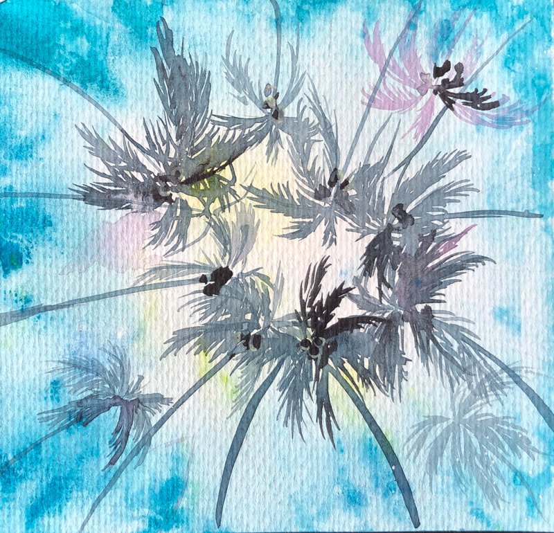Palm Trees Painting Trees Original Art Blue Sky Artwork Coconuts Wall Art - 海报/装饰画/版画 - 纸 蓝色