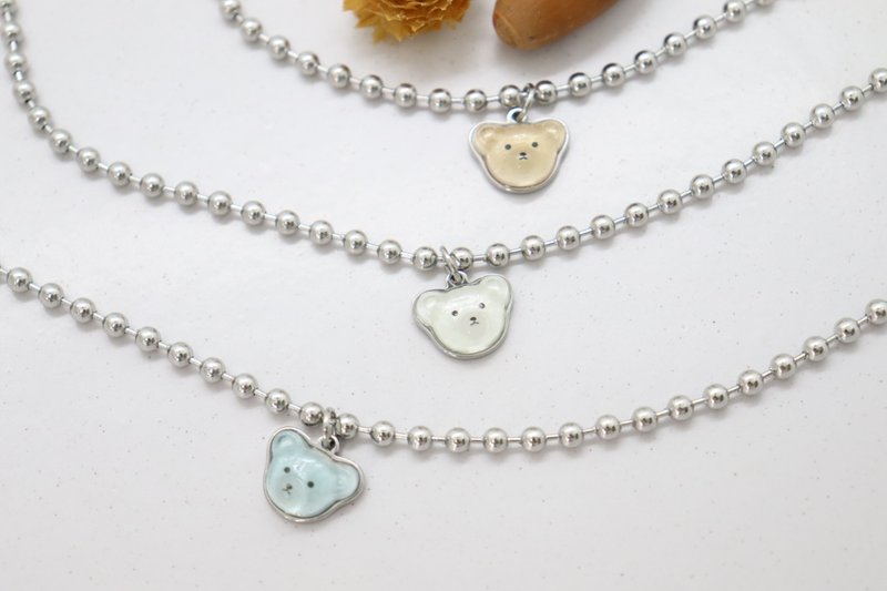 (手术钢) 可爱泰迪熊坠饰 3 毫米球链项链 甜美动物 - 项链 - 不锈钢 银色