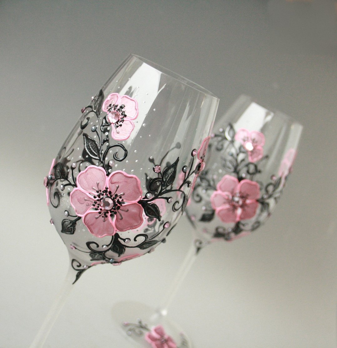 Pink Black Floral Wine Glasses Hand-painted, Set of 2 - 酒杯/酒器 - 玻璃 粉红色