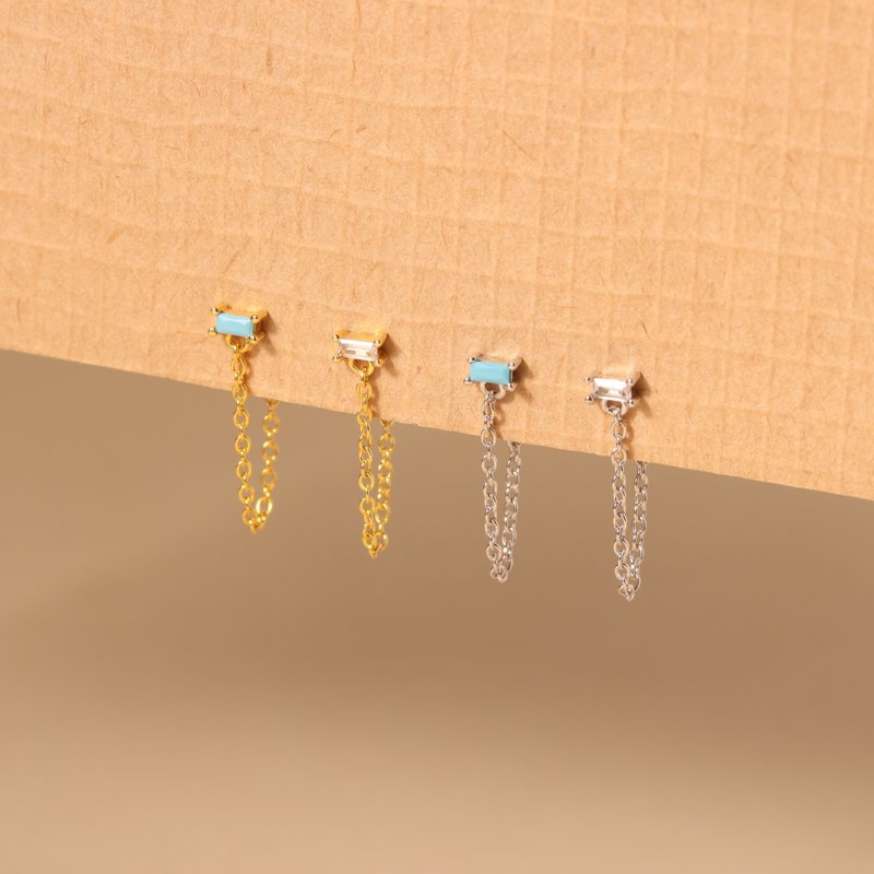 s925銀方形鋯石鏈條耳釘 自製原創銀耳釘 防敏感 養耳洞耳釘 - 耳环/耳夹 - 银 金色