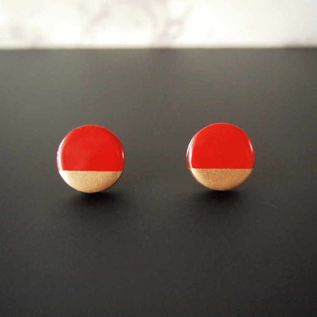 Crimson Mino ware (two-tone) Clip-On earrings - 耳环/耳夹 - 瓷 红色