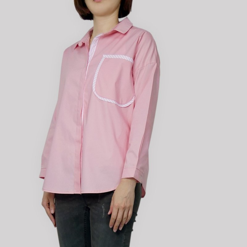 蜜桃粉宽版大口袋衬衫 - 女装衬衫 - 棉．麻 粉红色