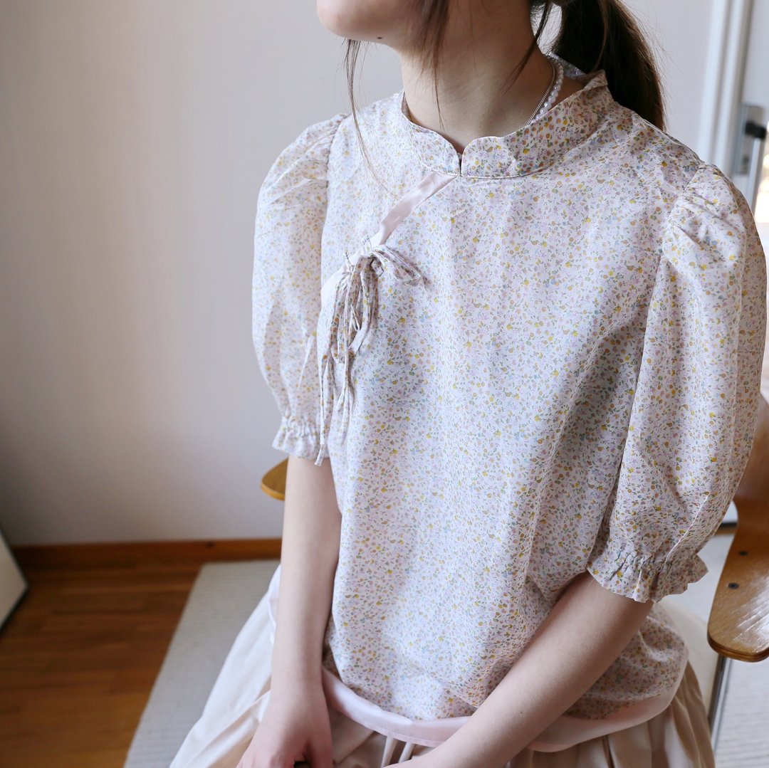 暮春 桑蚕丝棉混纺拼接中式系带短袖碎花印花衬衣 - 女装上衣 - 棉 