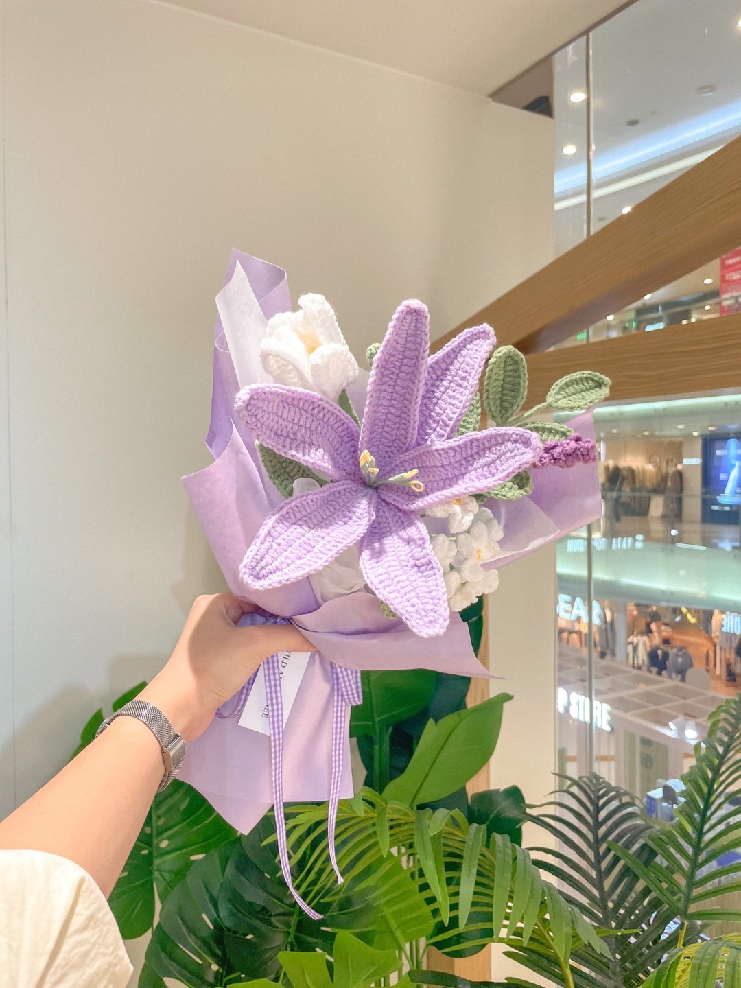 钩针编织花束 - 粉紫百合 - 干燥花/捧花 - 棉．麻 紫色