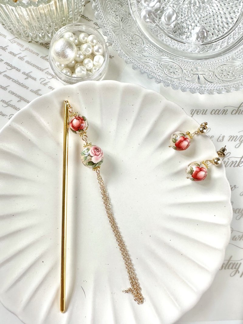 复古珍珠耳环发簪套装 - 发饰 - 珍珠 红色