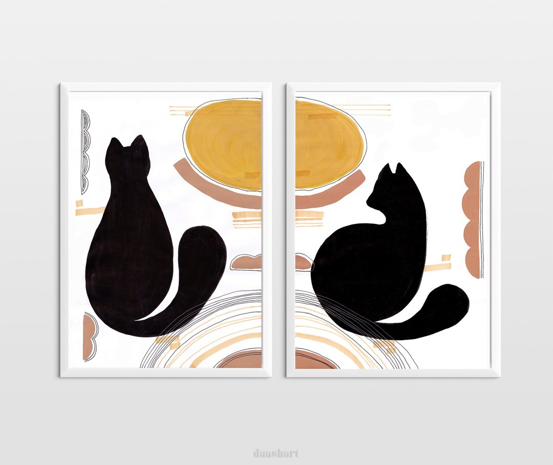 Set of 2 original artwork Black cat abstract wall art Orange sun painting poster - 海报/装饰画/版画 - 纸 黑色