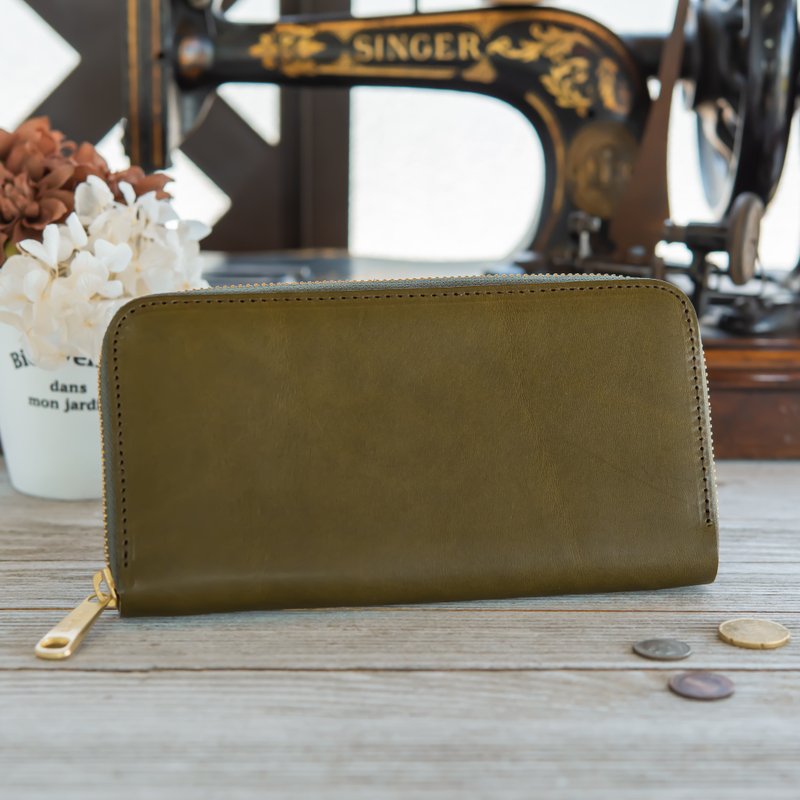 日本製造　牛皮　錢包　栃木皮革製作　暗綠　made in JAPAN handmade leather wallet - 皮夹/钱包 - 真皮 绿色