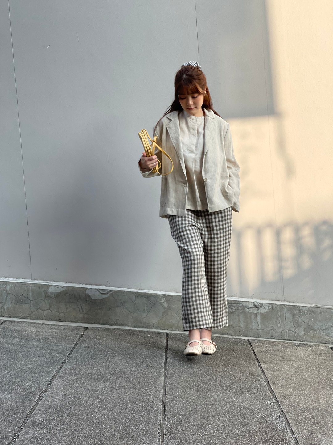 米色长袖亚麻西装外套 Oversize 版型 - 女装衬衫 - 棉 卡其色