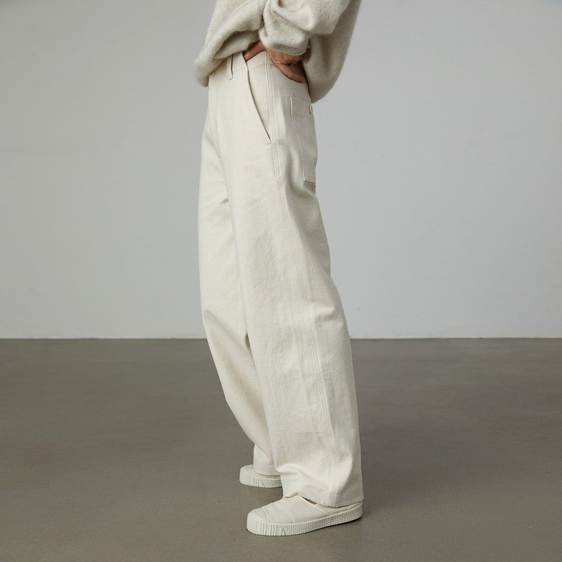 本白斜纹牦牛绒直筒宽松休闲裤白牛仔 杲果GAOGUO原创设计师女装 - 女装长裤 - 棉．麻 白色