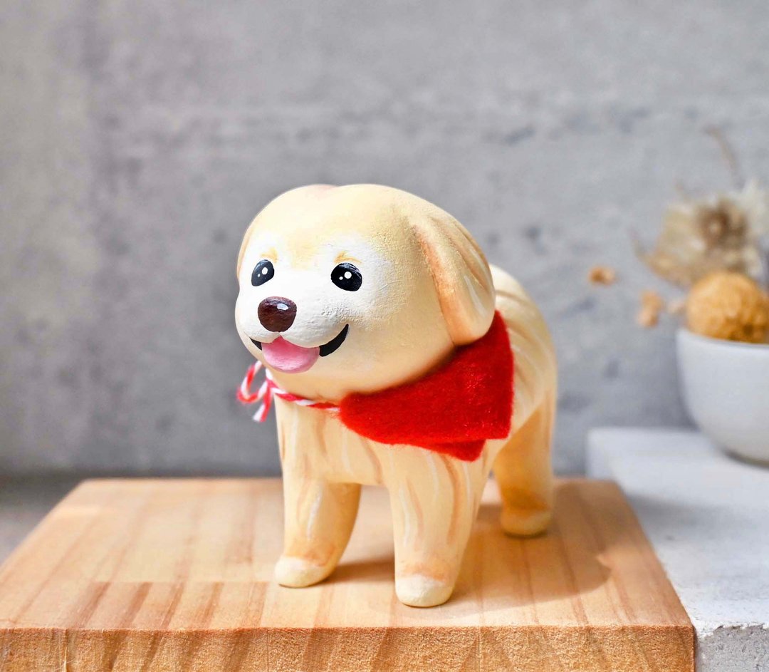 大笑萌呆黄金猎犬摆饰 手工雕刻疗愈小木雕 公仔 - 摆饰 - 木头 