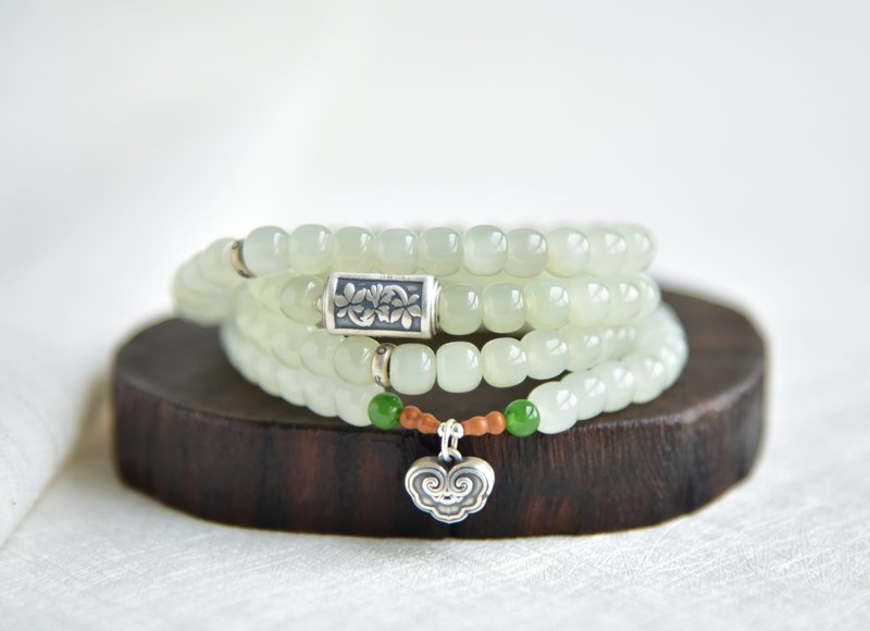 【清浅】天然和田玉青海料冰晴渐变老型珠108颗佛珠念珠手串手链 - 手链/手环 - 玉石 绿色