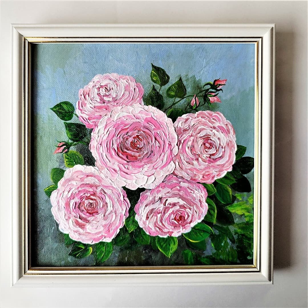 Acrylic paintings of pink roses original artwork impasto floral painting - 墙贴/壁贴 - 压克力 多色
