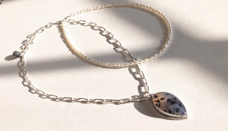 蒙大拿玛瑙和珍珠项圈 2 股项链银925 - 项链 - 纯银 银色