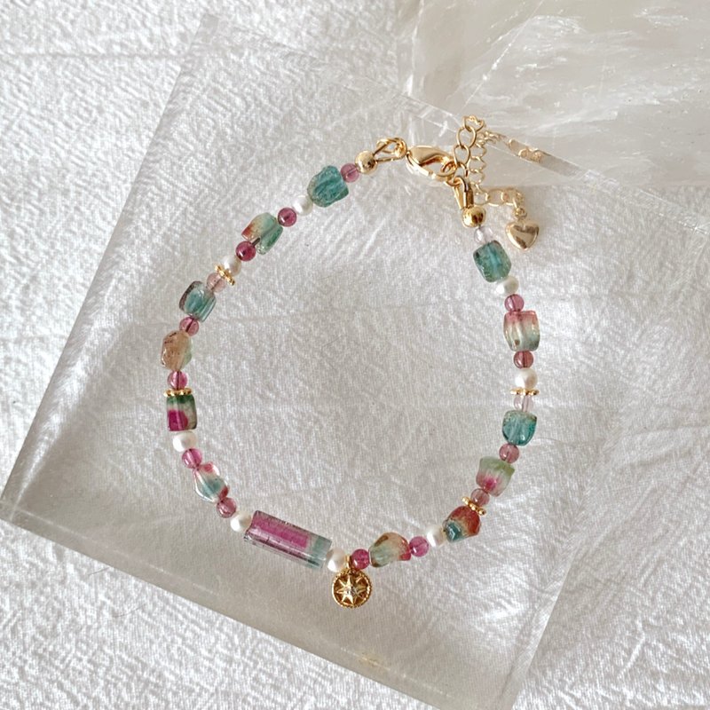 西瓜碧玺 红绿瓜碧玺原石配淡水珍珠 设计手链 天然水晶 - 手链/手环 - 半宝石 多色