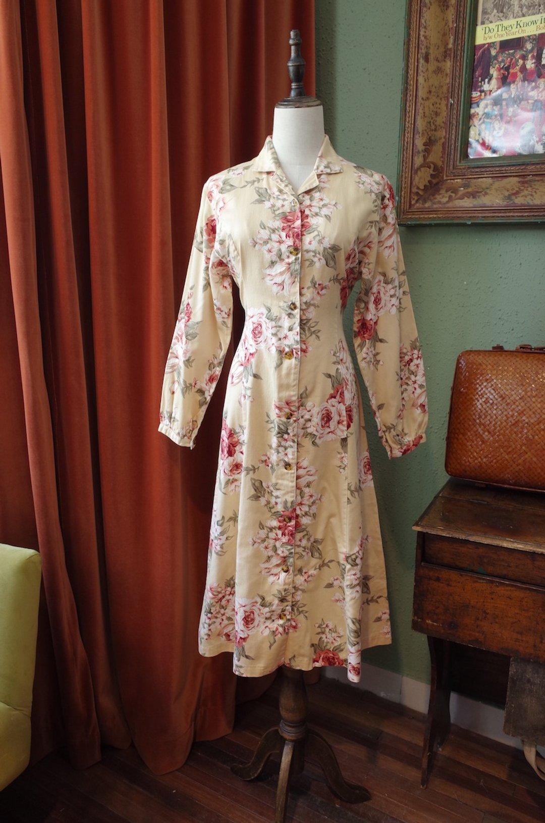 vintage dress 印花翻领连衣裙连衣裙日本洋裙 - 洋装/连衣裙 - 棉 