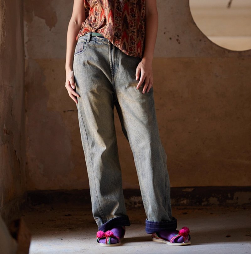 复古文青 纯棉深色牛仔裤 - 女装长裤 - 其他材质 蓝色