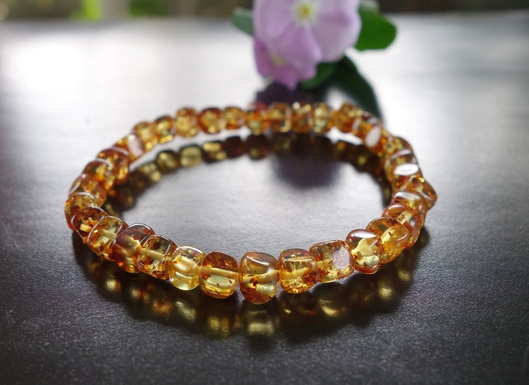 天然琥珀 波罗的海花珀 7mm 手链 非二代琥珀 Baltic Amber 纯天然 - 手链/手环 - 半宝石 金色