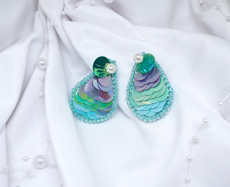 夹式耳环  美人鱼耳环 适合无耳洞和无耳洞的耳朵。 - 耳环/耳夹 - 绣线 绿色