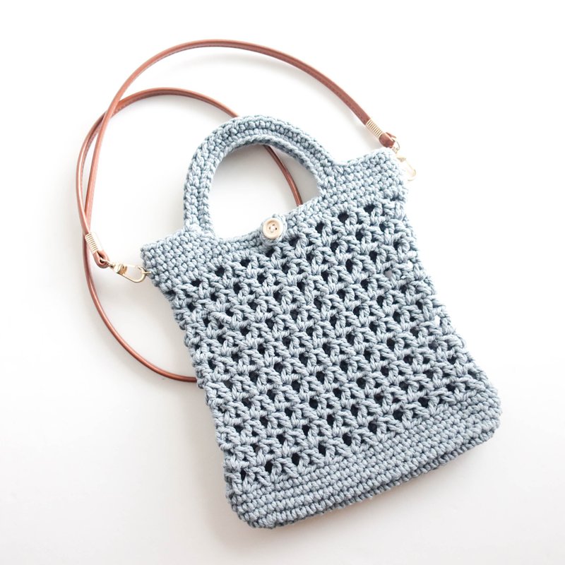 编织斜侧背手提两用网包 网袋 | 夏日配色 - 侧背包/斜挎包 - 棉．麻 蓝色