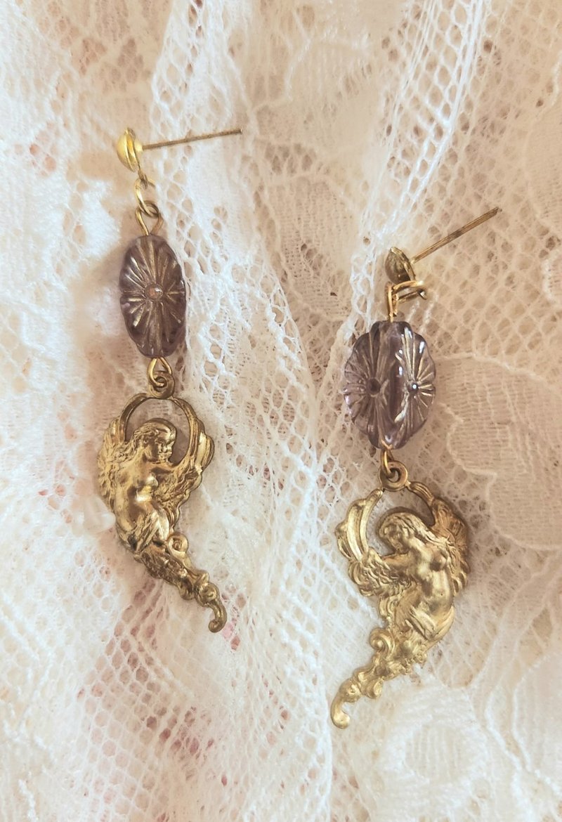 【毕业礼物】【圣诞礼盒】捷克手绘珠铜电金耳环(可改耳夹) - 耳环/耳夹 - 铜/黄铜 紫色