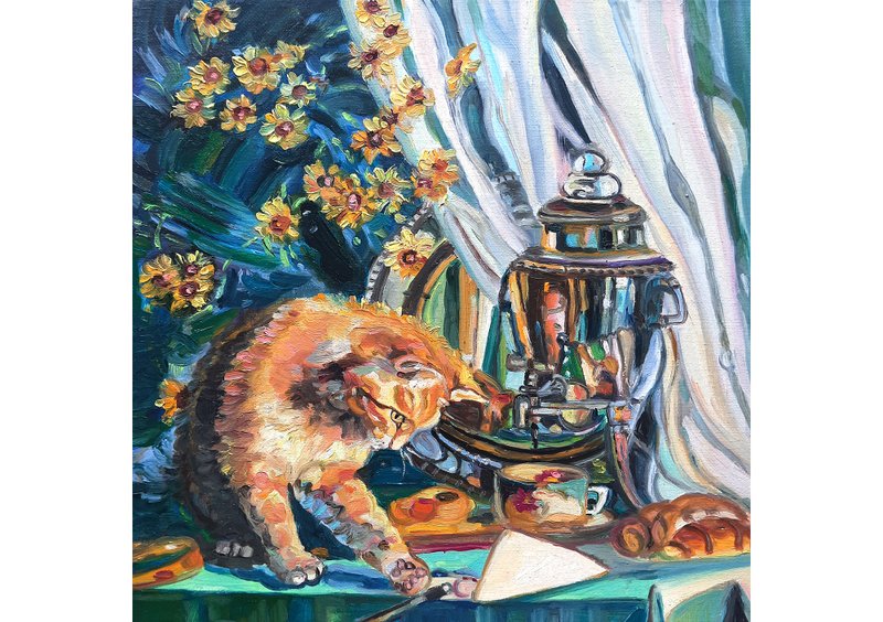 原创画 有趣的红猫画 原创艺术 油画 布面油画 - 墙贴/壁贴 - 其他材质 绿色