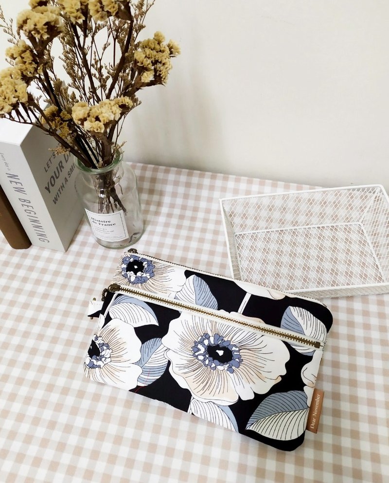 拾光系列零钱包/万用包/拉链收纳包/黑色木槿款/预购中 - 皮夹/钱包 - 棉．麻 黑色