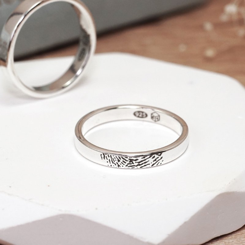 纯银 指纹戒指 专属印记 经典银戒 3mm窄版 刻字订制 男戒 女戒 - 戒指 - 纯银 银色
