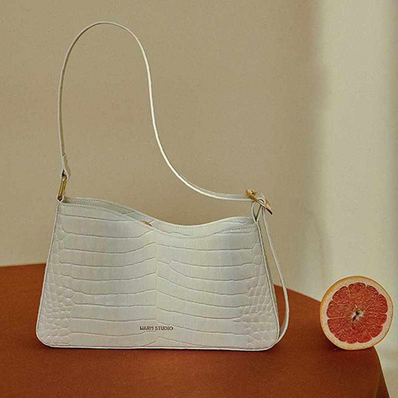 白色 鳄鱼纹通勤百搭腋下法棍包 手拎单肩侧背包 异形波浪纹设计 - 手提包/手提袋 - 真皮 白色