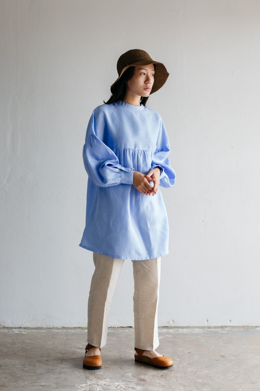 Long sleeve with frill top in Sky blue - 女装上衣 - 棉 蓝色