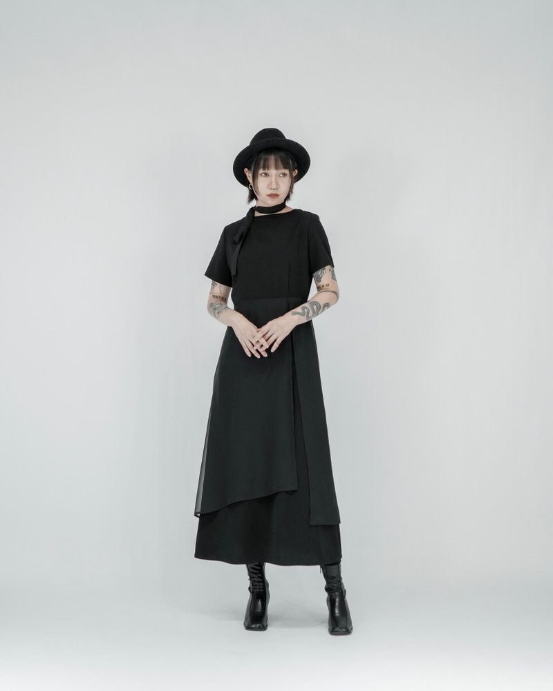MUKK DESIGN 不规则雪纺双层洋装 附绑带 - 洋装/连衣裙 - 聚酯纤维 黑色