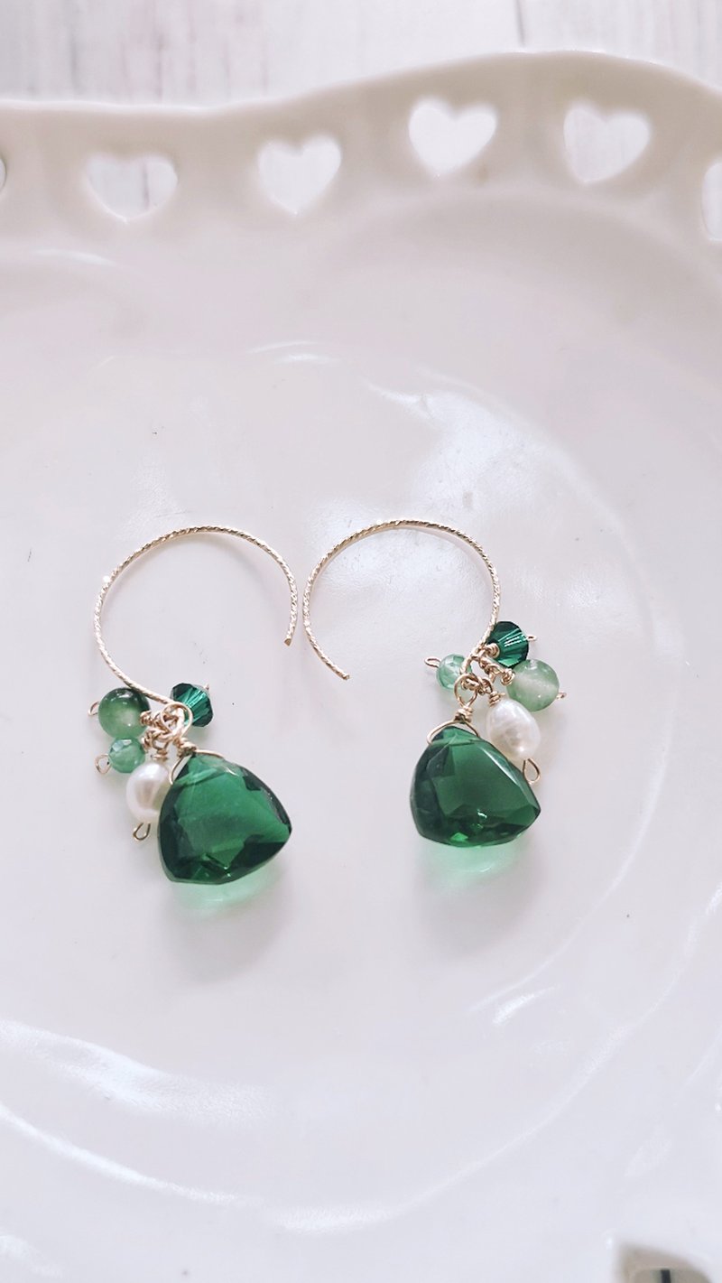 14KGF祖母绿石英石造型耳勾 可换无耳洞耳夹 - 耳环/耳夹 - 其他金属 