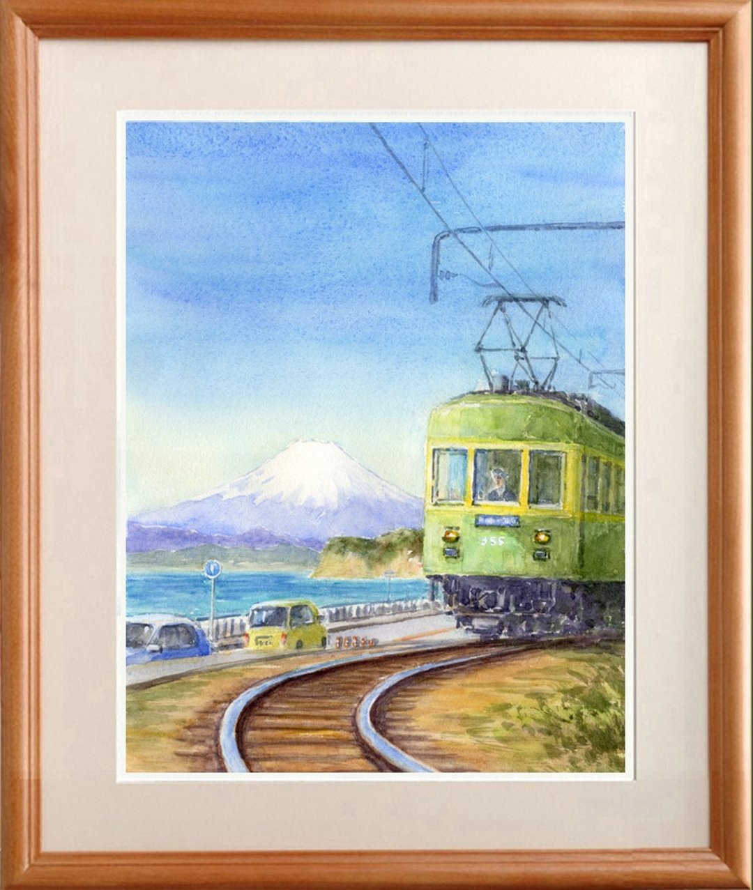 Original watercolor painting Enoden running on Shichirigahama with Mt. Fuji in the background 6 - 海报/装饰画/版画 - 纸 蓝色