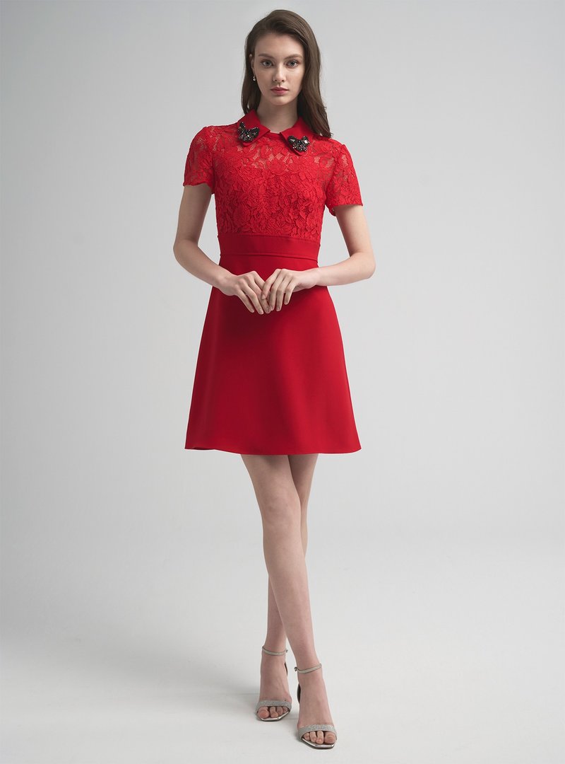 Hebe蕾丝花漾领片轻语小洋装 - 洋装/连衣裙 - 其他人造纤维 红色