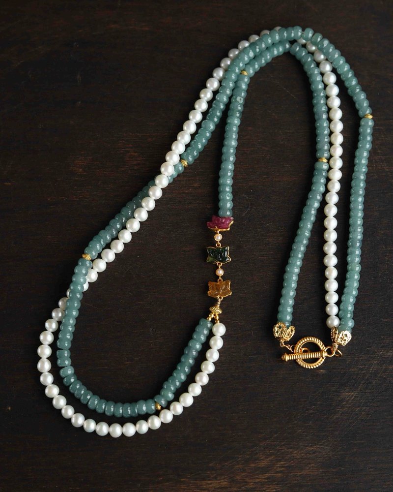 危地马拉  天然原矿A货蓝水翡翠 蓝水翡翠貔貅碧玺把把壶设计手串 - 项链 - 玉石 绿色