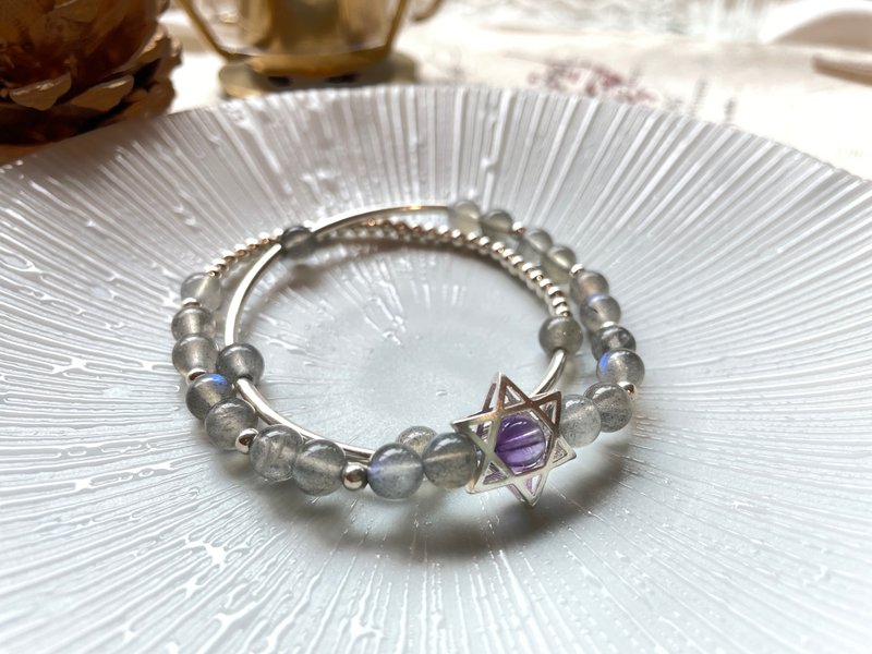 Queen's Craftwork天然灰月光拉长石原创设计双层手链 - 手链/手环 - 水晶 蓝色